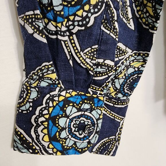 Charter Club Women Top Sz 16 Blue Floral 100% Linen Long Roll Tab Button Pocket - Picture 9 of 12